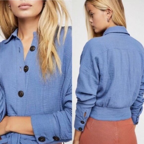 Free People Sunstreaks Gauze Blue Tie Front Shirt Top M - Picture 8 of 8